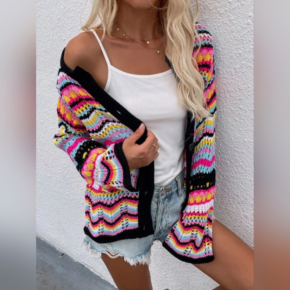 Bright Chevron Stripe Openwork Knit Button Front Long Sleeve Retro Cardigan Pink - Picture 5 of 6